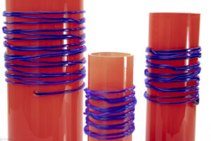 Cylinder Vase Red with Blue Spiral.